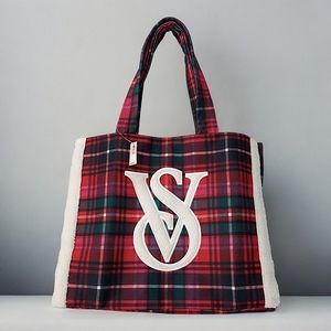 Victoria's Secret Limited Edition Red Plaid Fleece Trim Holiday Tote 2022